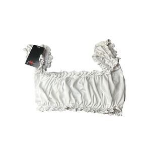 NWT White Ruched Ruffle Crop Top Puff Sleeve Coquette Cottagecore Y2K Size S/M
